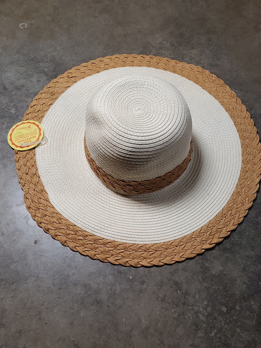 NEW Jacobson Hat Trendy Wide Brim Straw Sun Hat in Cream and Tan Braided Brim